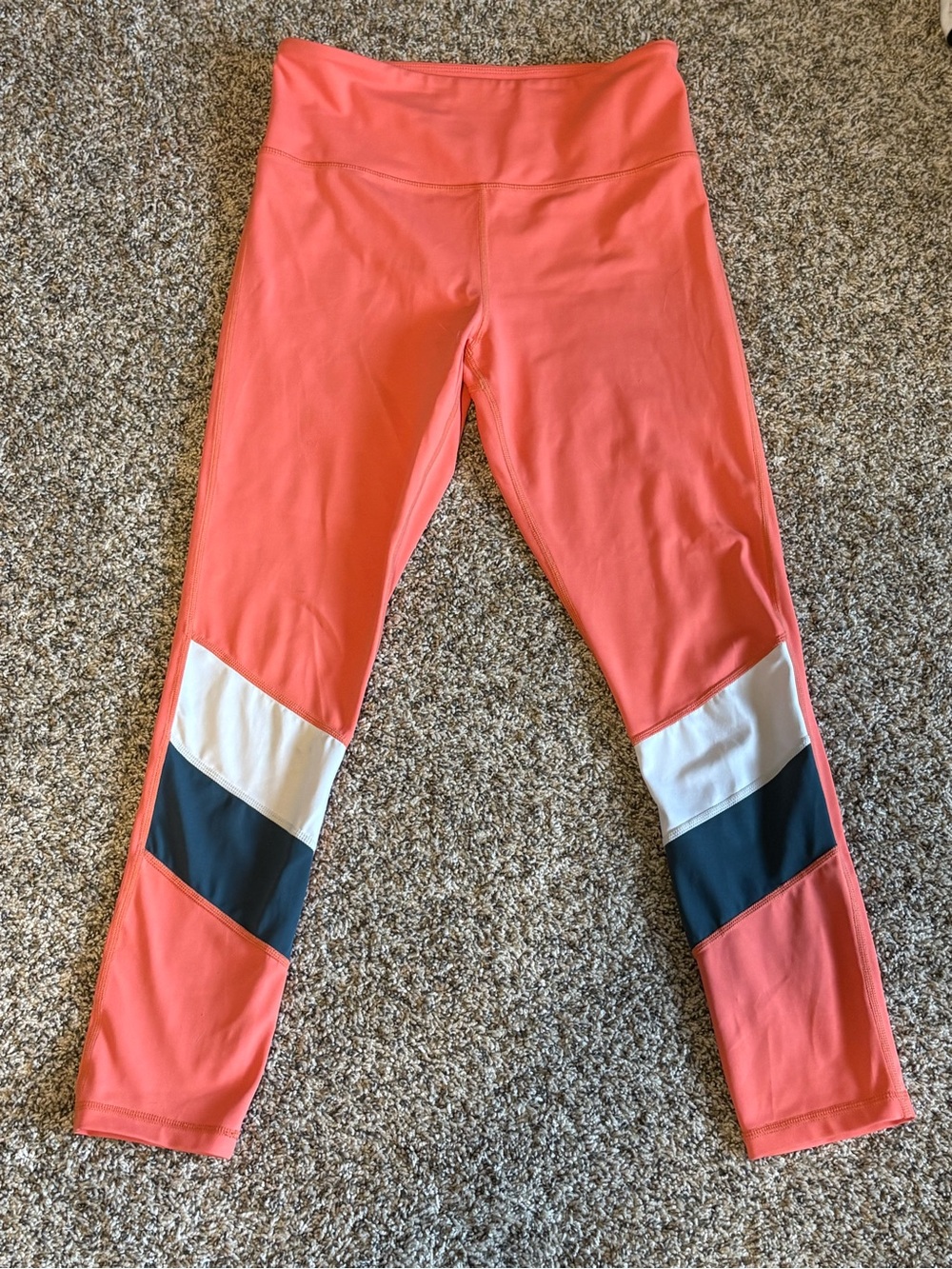 ZYIA Coral Colorblock Leggings with White and Navy Panels